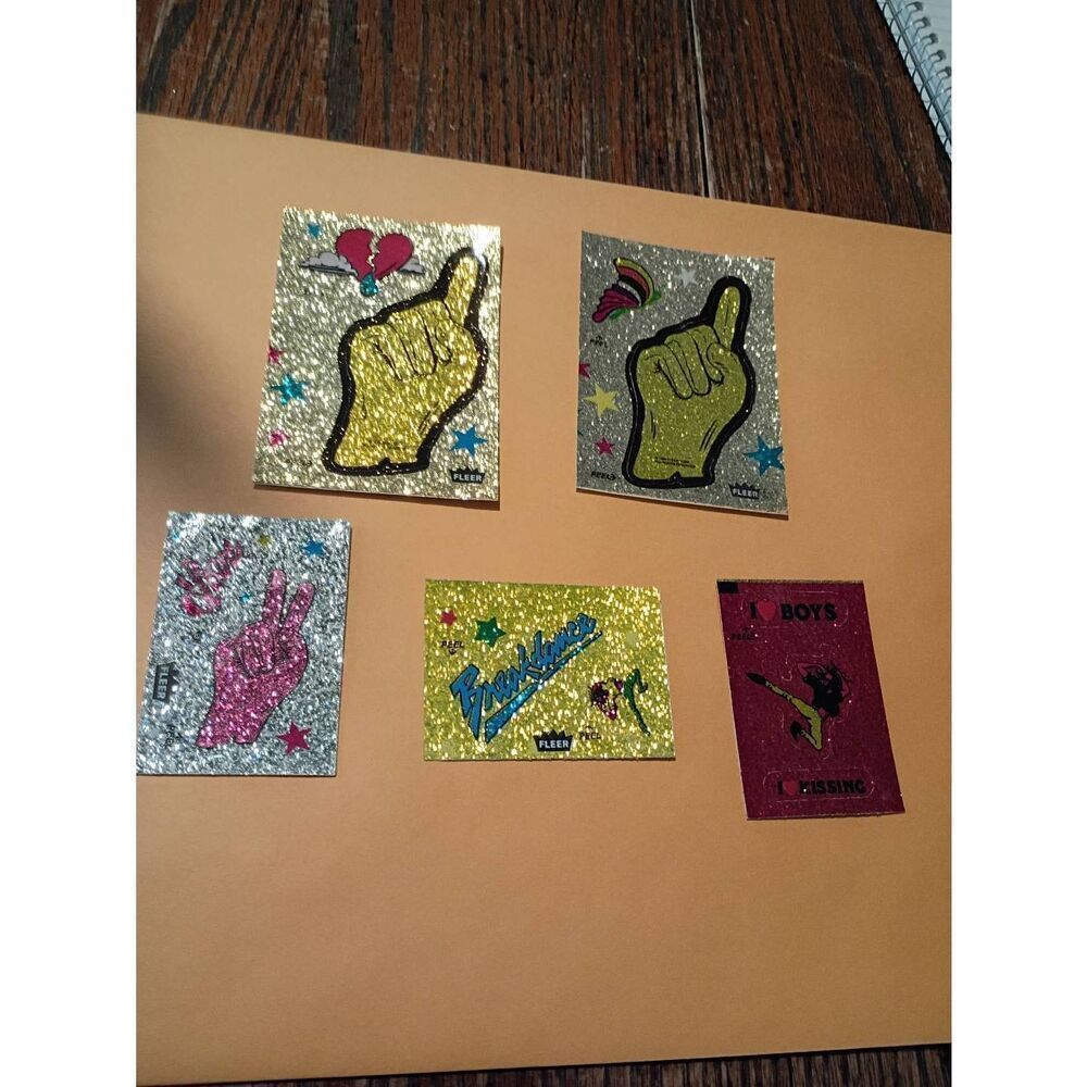 Lot of 5 Fleer Glitter Sticker Sheets Vintage 1980s Card Size and Smaller